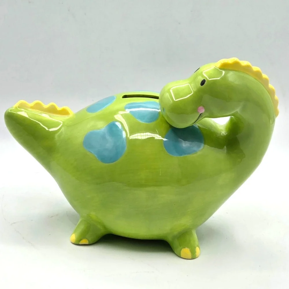 Long Neck Dinosaur Kids Coin Bank Lime Green  & Blue Removable Stopper